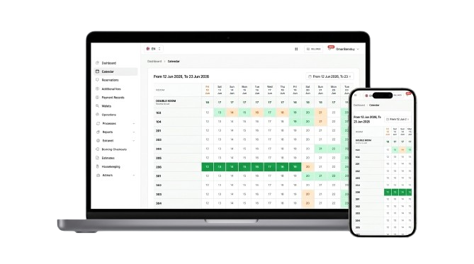 PMS hotel dashboard on MacBook and iPhone